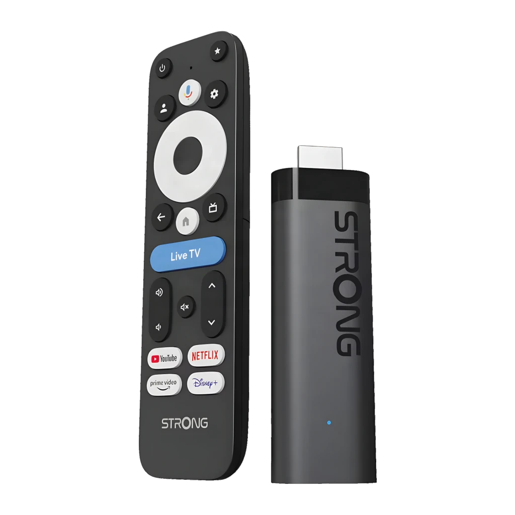Lecteur multimédia Strong 2 Go/32 Go Noir true 4K Google TV LEAP-NOVA, vue avant: télécommande bouton Live TV et stick HDMI