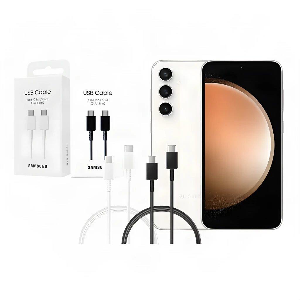Câble USB Samsung USB-C vers USB-C 1,8 m 3 A Noir EP-DX310JBE, usage: câble noir et blanc avec boîte et smartphone Samsung