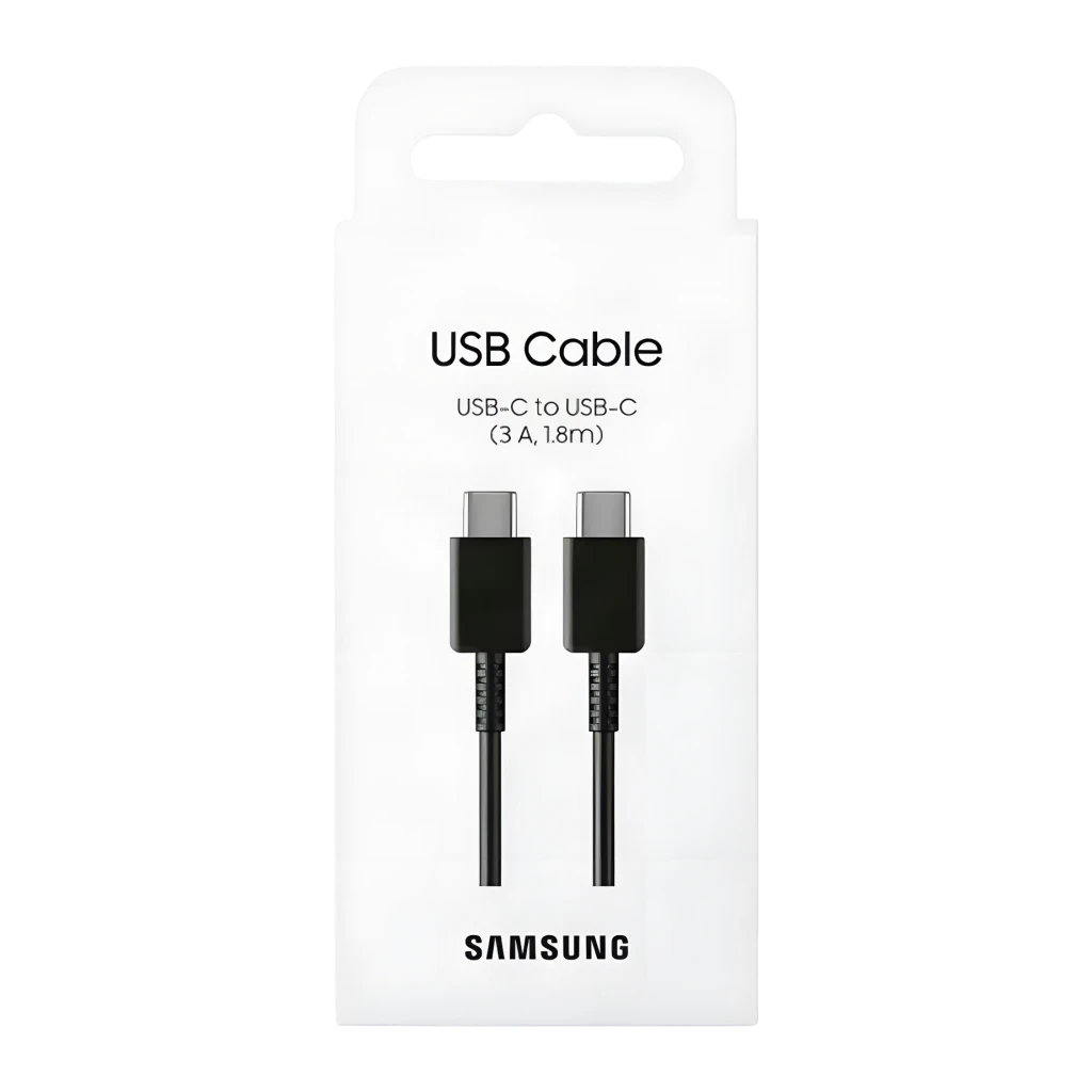 Câble USB Samsung USB-C vers USB-C 1,8 m 3 A Noir EP-DX310JBE, emballage face avant: boîte blanche avec câble et deux
