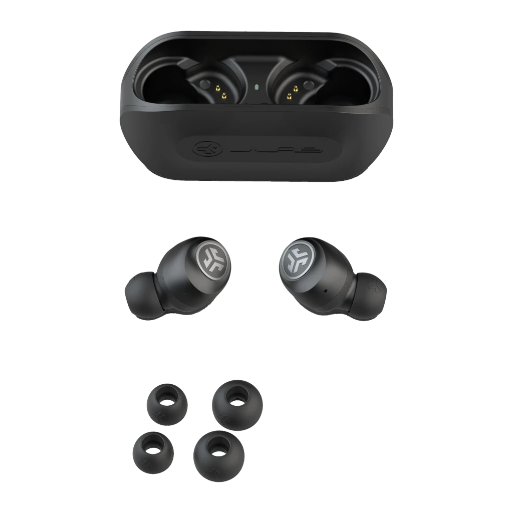 Auriculares JLab Audio Go Air TWS In-Ear Bluetooth 5.0 5h + 20h estuche Negro, vista superior: estuche abierto, auriculares