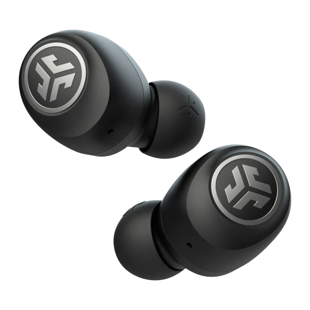 Auriculares JLab Audio Go Air TWS In-Ear Bluetooth 5.0 5h + 20h estuche Negro, vista frontal: dos earbuds negros con logo
