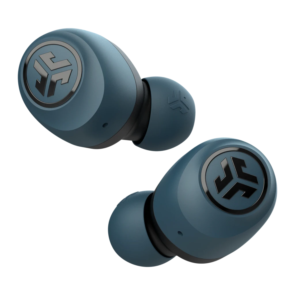 Auriculares JLab Audio GO Air TWS In-Ear Bluetooth 5.0 5h + 20h estuche Azul, vista frontal: dos earbuds azules con logo