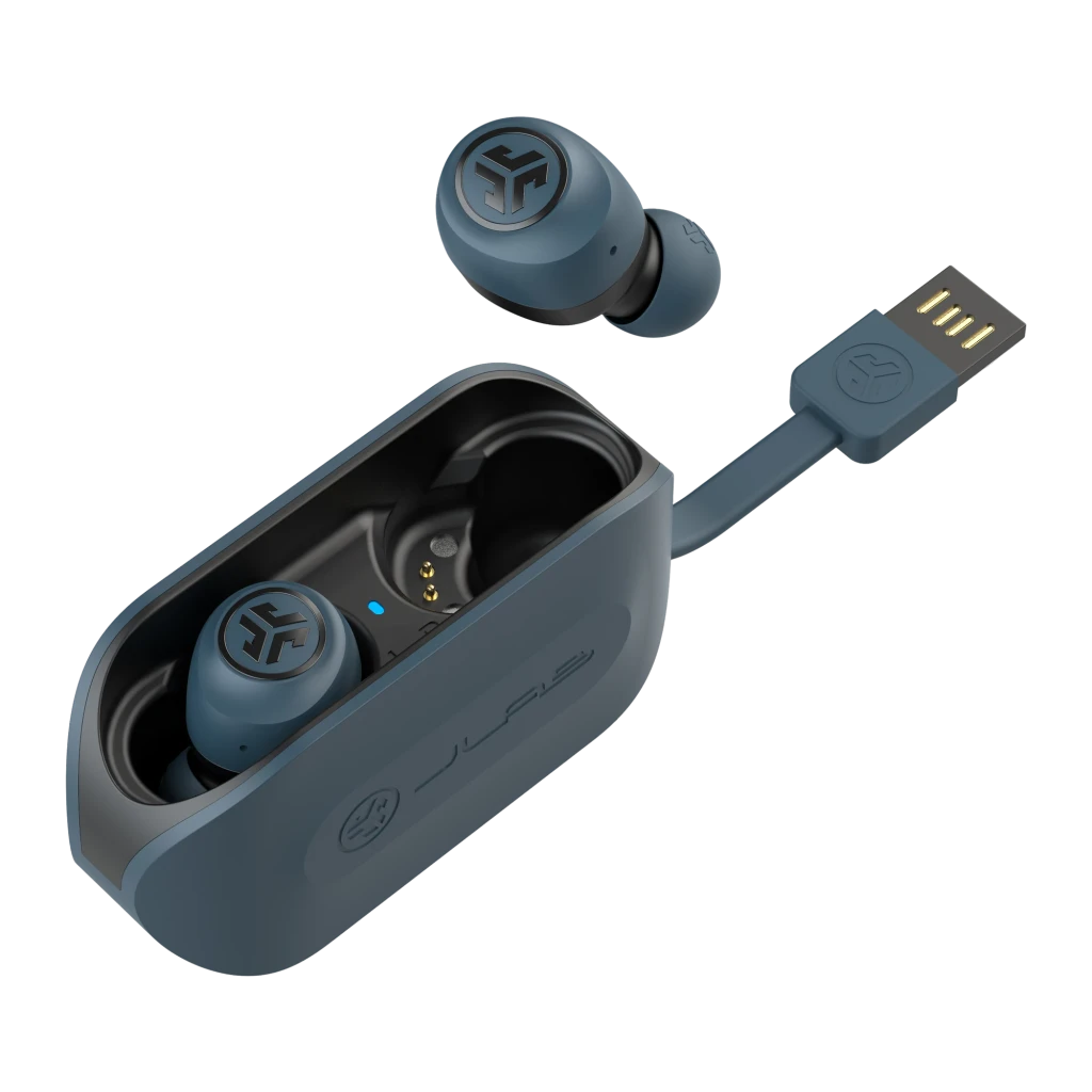 Auriculares JLab Audio GO Air TWS In-Ear Bluetooth 5.0 5h + 20h estuche Azul, vista en perspectiva: estuche abierto