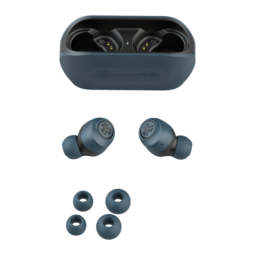 Auriculares JLab Audio GO Air TWS In-Ear Bluetooth 5.0 5h + 20h estuche Azul, vista superior: estuche abierto con contactos