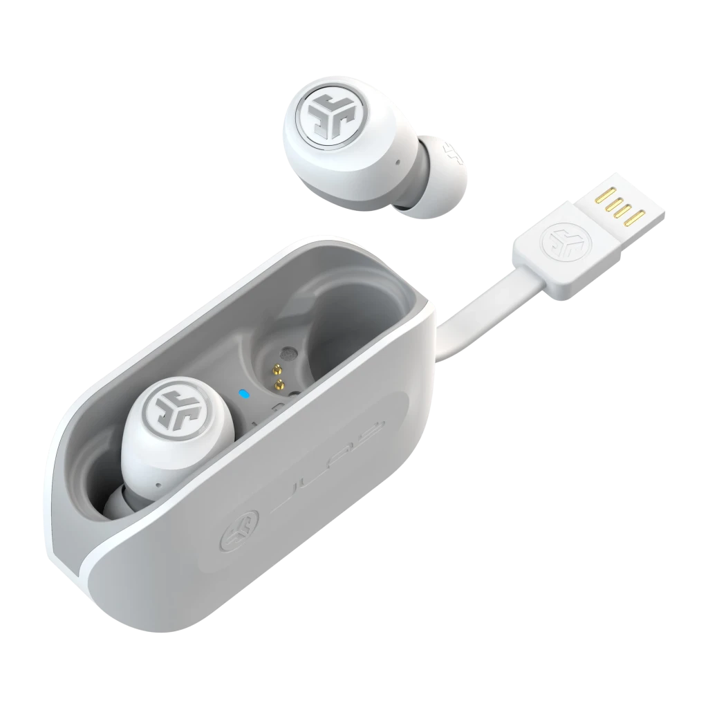 Auriculares JLab Audio GO Air TWS Bluetooth 5.0 20h Blanco, estuche abierto: un auricular fuera, cable USB integrado