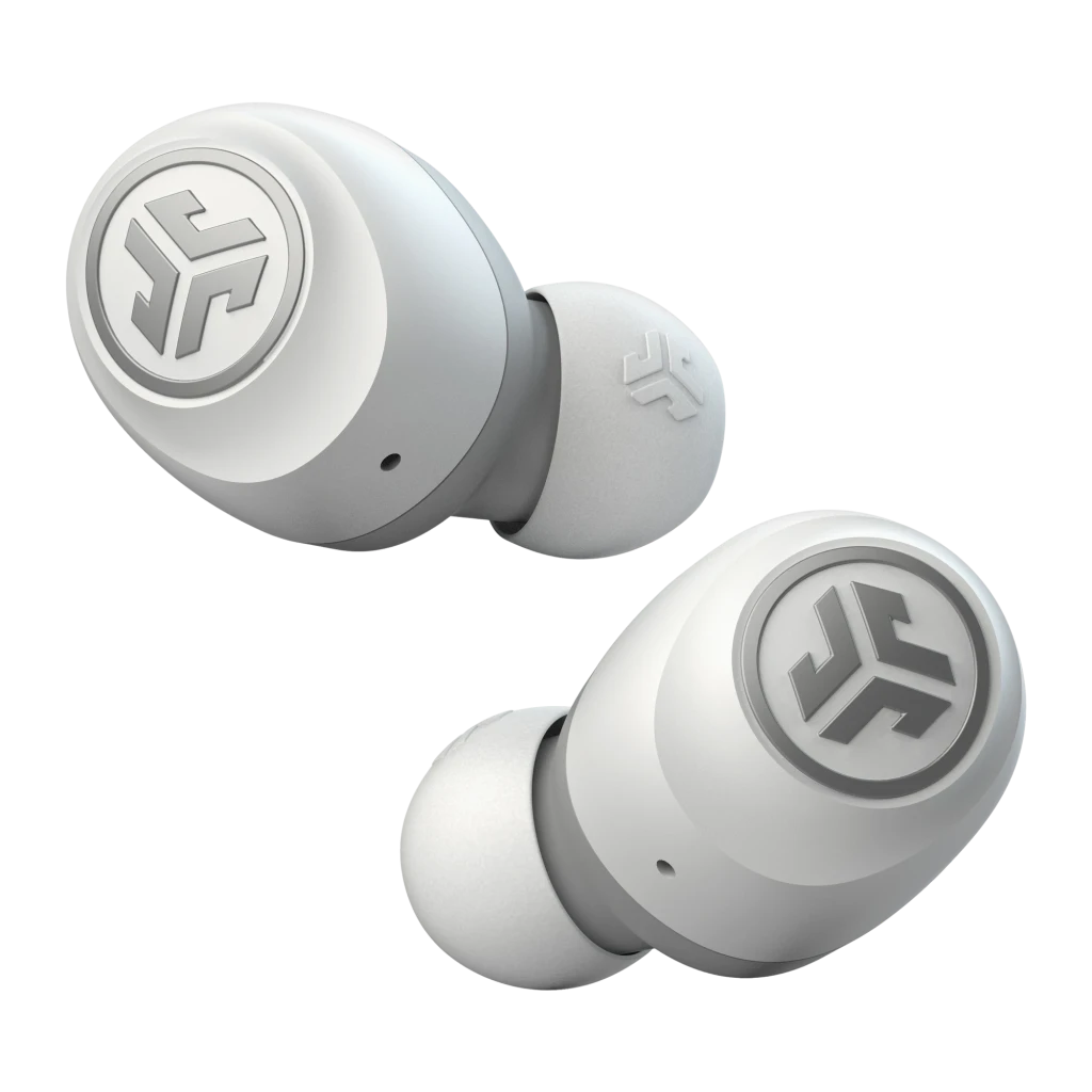 Auriculares JLab Audio GO Air TWS Bluetooth 5.0 20h Blanco, vista frontal: dos earbuds con logo JLab en relieve sobre fondo