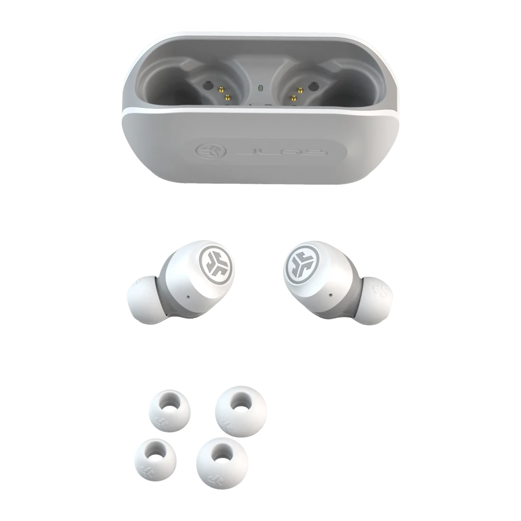 Auriculares JLab Audio GO Air TWS Bluetooth 5.0 20h Blanco, vista superior: estuche abierto, earbuds y almohadillas