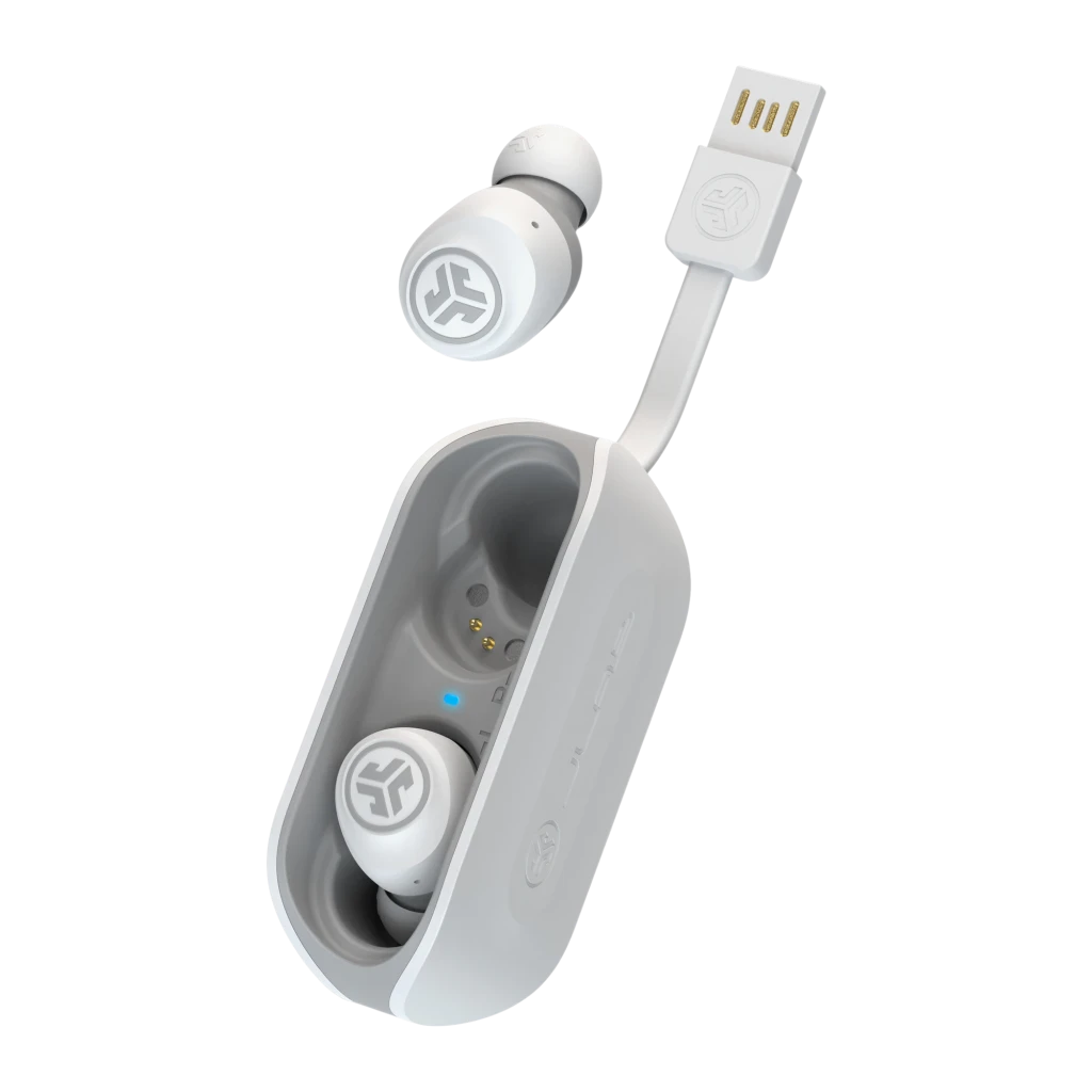 Auriculares JLab Audio GO Air TWS Bluetooth 5.0 20h Blanco, vista detalle: estuche abierto con un earbud dentro, otro