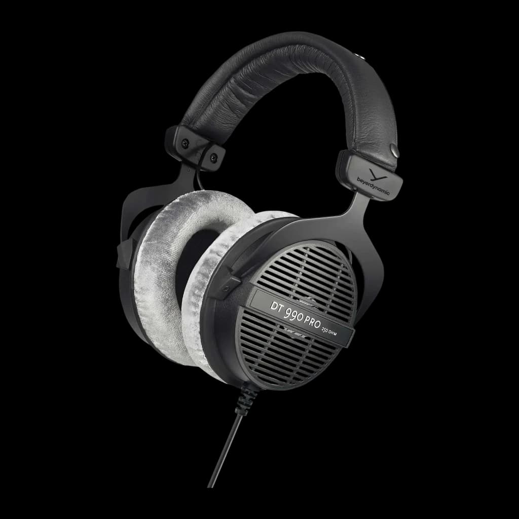 Casque Beyerdynamic DT 990 Pro Arceau Câble Jack 3,5 mm Noir, vue latérale: coussinets en velours gris et grille ouverte