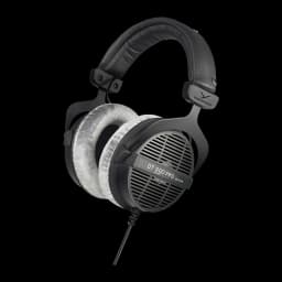 Casque Beyerdynamic DT 990 Pro Arceau Câble Jack 3,5 mm Noir, vue latérale: coussinets en velours gris et grille ouverte