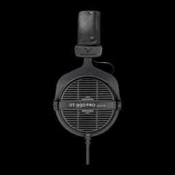 Casque Beyerdynamic DT 990 Pro Arceau Câble Jack 3,5 mm Noir, vue latérale: grille ouverte du driver avec étiquette DT 990