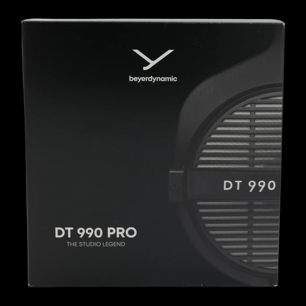 Casque Beyerdynamic DT 990 Pro Arceau Câble Jack 3,5 mm Noir, boîte face avant: packaging noir avec logo et grille