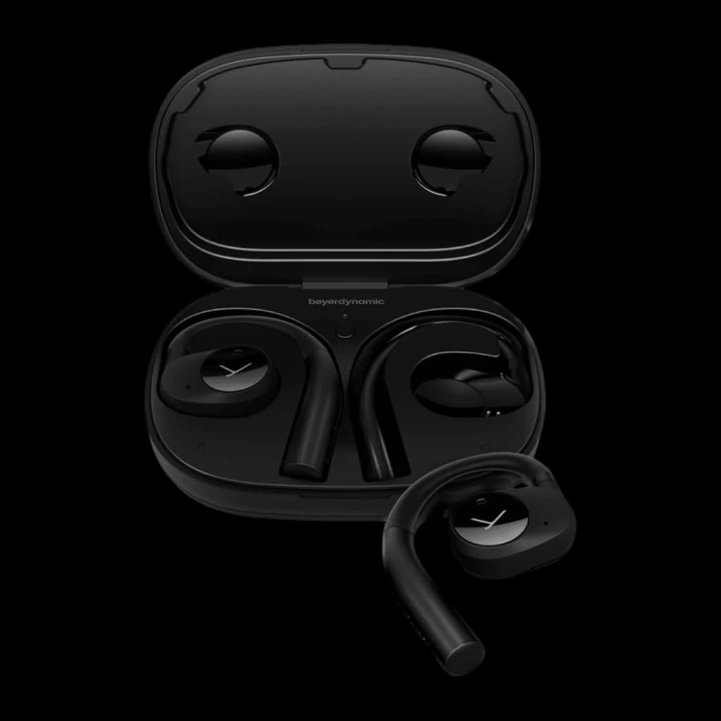 Écouteurs Beyerdynamic Verio 200 TWS Bluetooth 5.3 35h avec étui Noir, vue avant: étui ouvert avec écouteur droit sorti