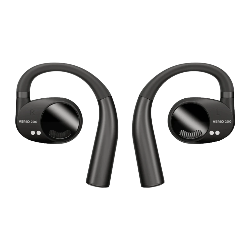 Écouteurs Beyerdynamic Verio 200 TWS Bluetooth 5.3 35h avec étui Noir, vue de face: paire d'écouteurs avec crochet