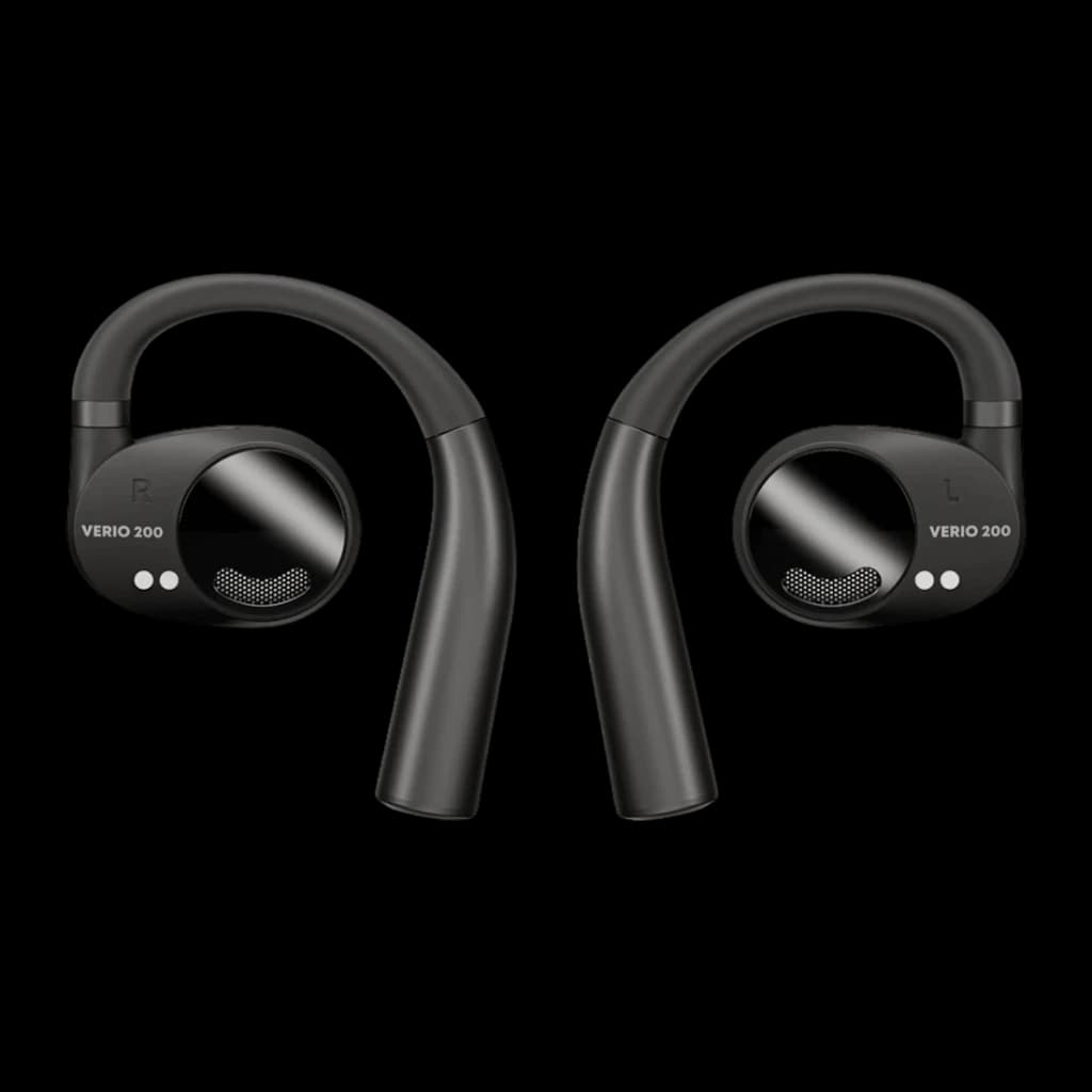 Écouteurs Beyerdynamic Verio 200 TWS Bluetooth 5.3 35h avec étui Noir, vue de face: paire d'écouteurs avec crochet