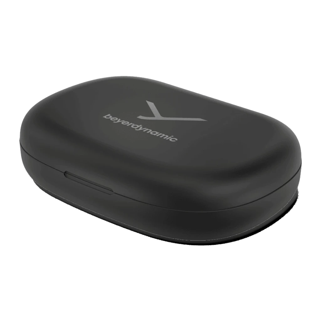 Écouteurs Beyerdynamic Verio 200 TWS Bluetooth 5.3 35h avec étui Noir, vue dessus: étui fermé avec logo beyerdynamic