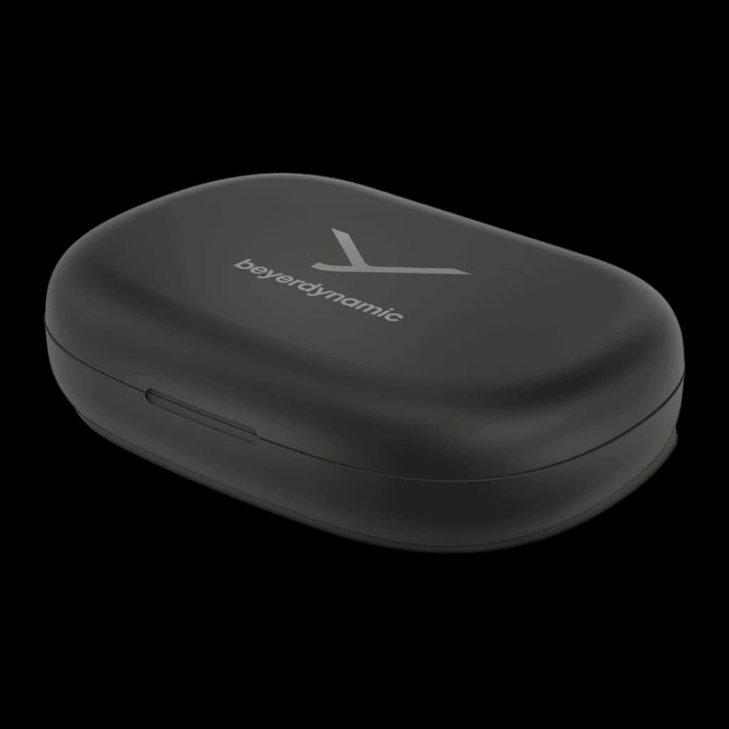 Écouteurs Beyerdynamic Verio 200 TWS Bluetooth 5.3 35h avec étui Noir, vue dessus: étui fermé avec logo beyerdynamic