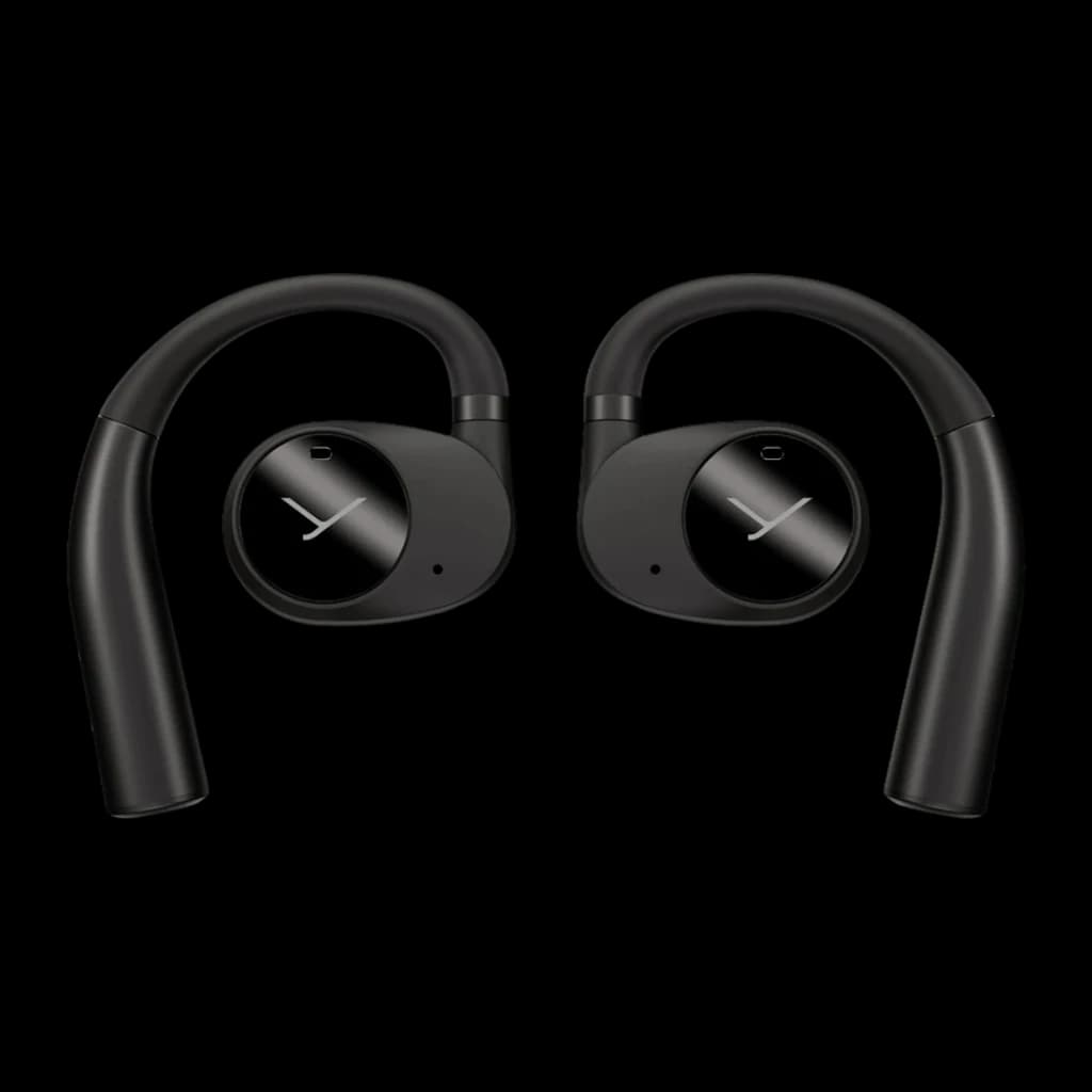 Écouteurs Beyerdynamic Verio 200 TWS Bluetooth 5.3 35h avec étui Noir, vue de face: les deux écouteurs avec crochets et logo