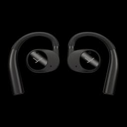 Écouteurs Beyerdynamic Verio 200 TWS Bluetooth 5.3 35h avec étui Noir, vue de face: les deux écouteurs avec crochets et logo