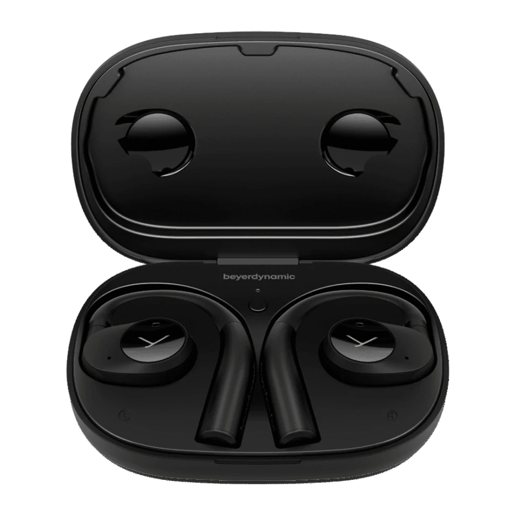 Écouteurs Beyerdynamic Verio 200 TWS Bluetooth 5.3 35h avec étui Noir, vue de face: étui ouvert avec écouteurs logés et logo