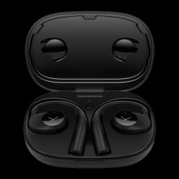 Écouteurs Beyerdynamic Verio 200 TWS Bluetooth 5.3 35h avec étui Noir, vue de face: étui ouvert avec écouteurs logés et logo