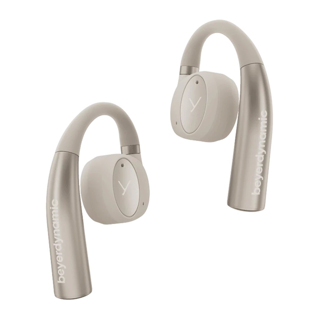 Écouteurs Beyerdynamic Verio 200 TWS Bluetooth 5.3 35h avec étui Crème, vue avant: deux écouteurs avec crochet auriculaire