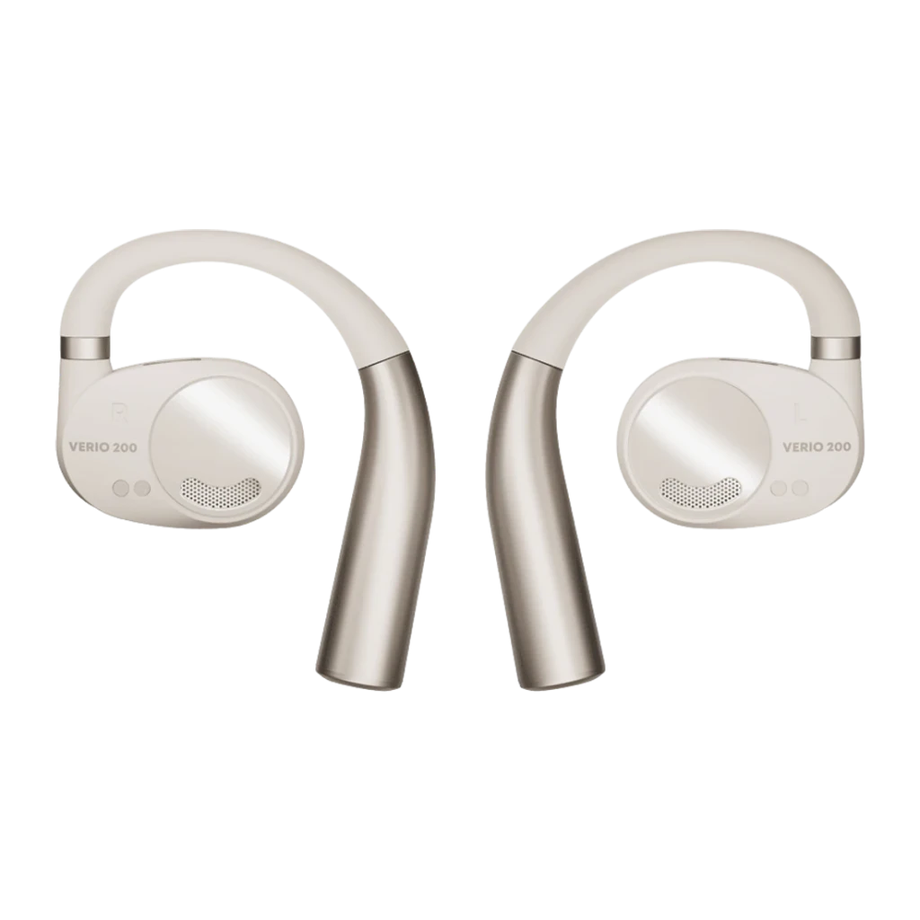 Écouteurs Beyerdynamic Verio 200 TWS Bluetooth 5.3 35h avec étui Crème, vue avant: les deux écouteurs avec arceau et grille