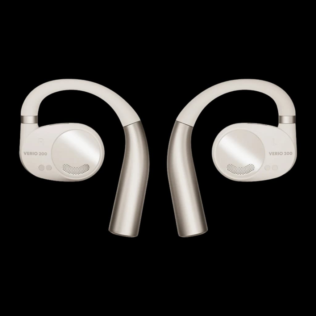 Écouteurs Beyerdynamic Verio 200 TWS Bluetooth 5.3 35h avec étui Crème, vue avant: les deux écouteurs avec arceau et grille