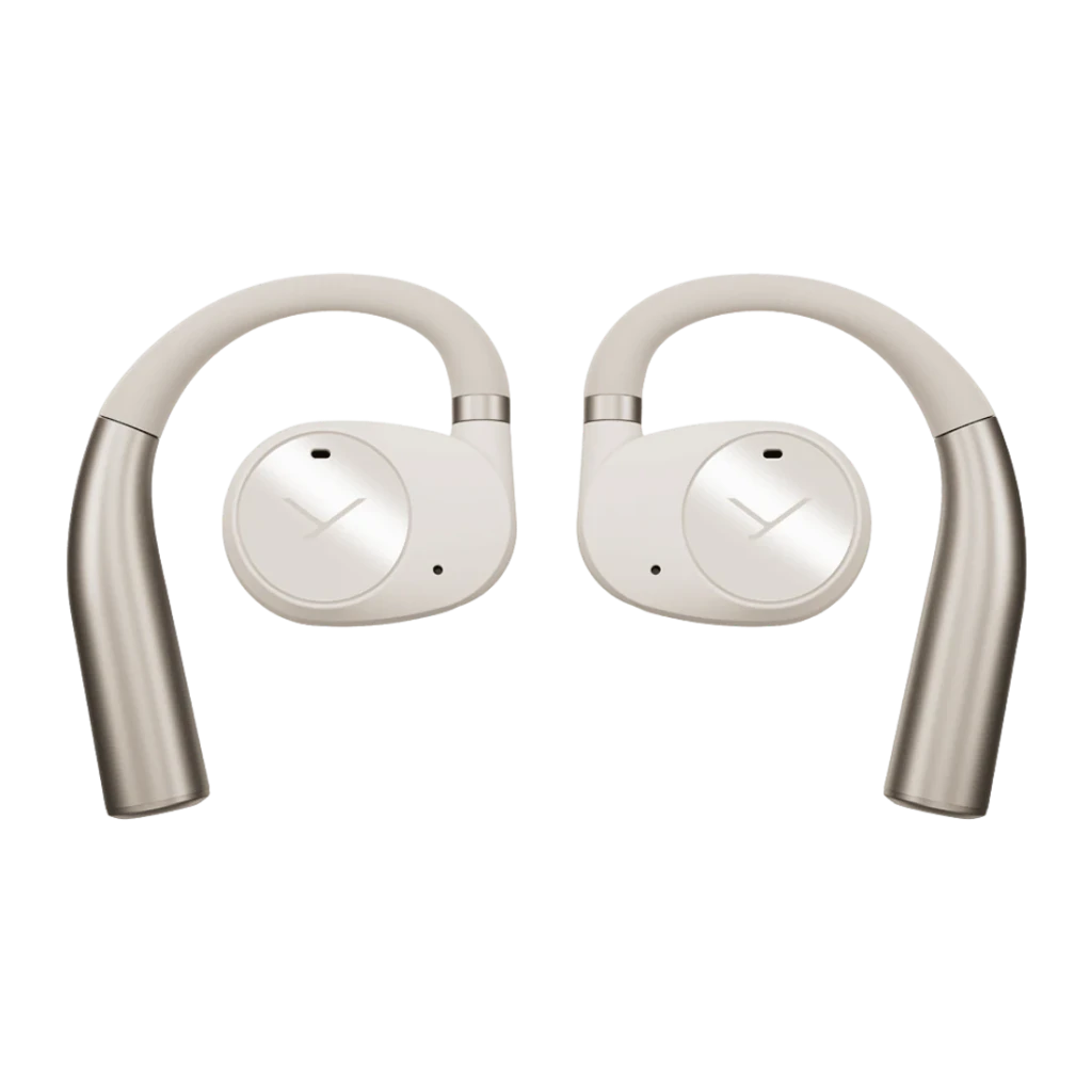 Écouteurs Beyerdynamic Verio 200 TWS Bluetooth 5.3 35h avec étui Crème, vue avant: les deux écouteurs avec crochet
