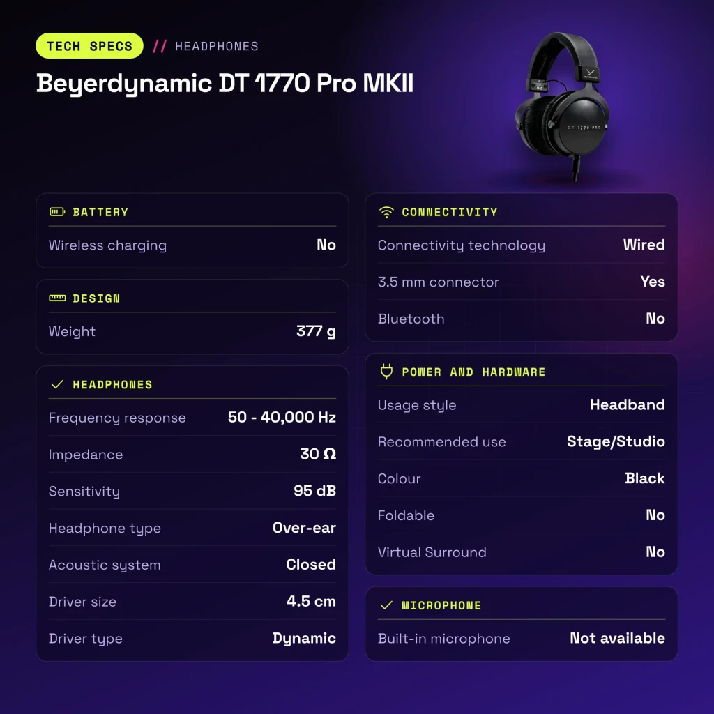 Auscultadores Beyerdynamic DT 1770 Pro MKII Circumaurais Cabo Jack 3,5 mm Preto - características