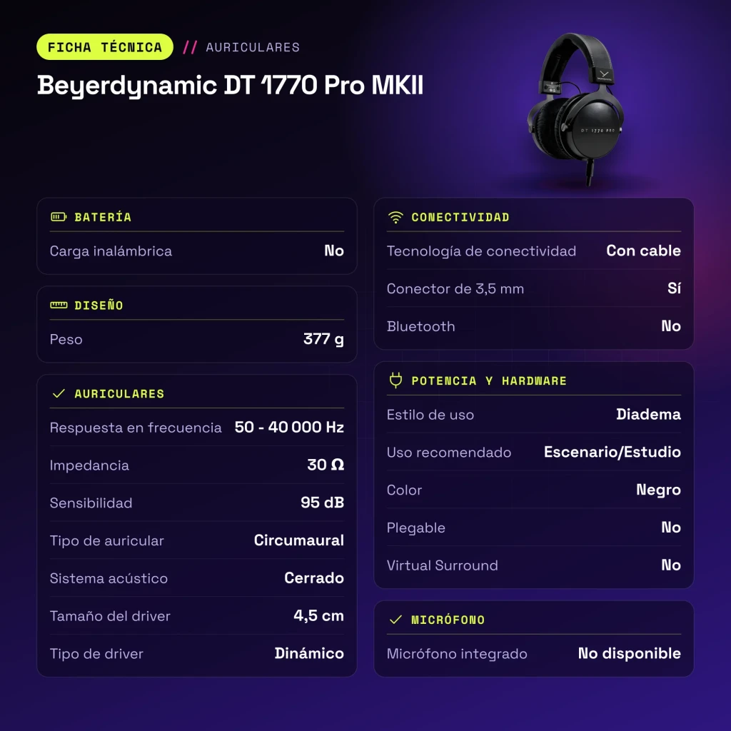 Auscultadores Beyerdynamic DT 1770 Pro MKII Circumaurais Cabo Jack 3,5 mm Preto - características