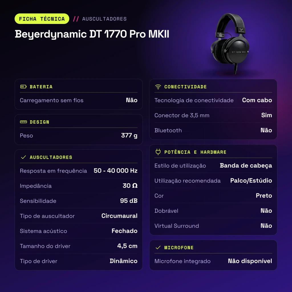 Auscultadores Beyerdynamic DT 1770 Pro MKII Circumaurais Cabo Jack 3,5 mm Preto - características