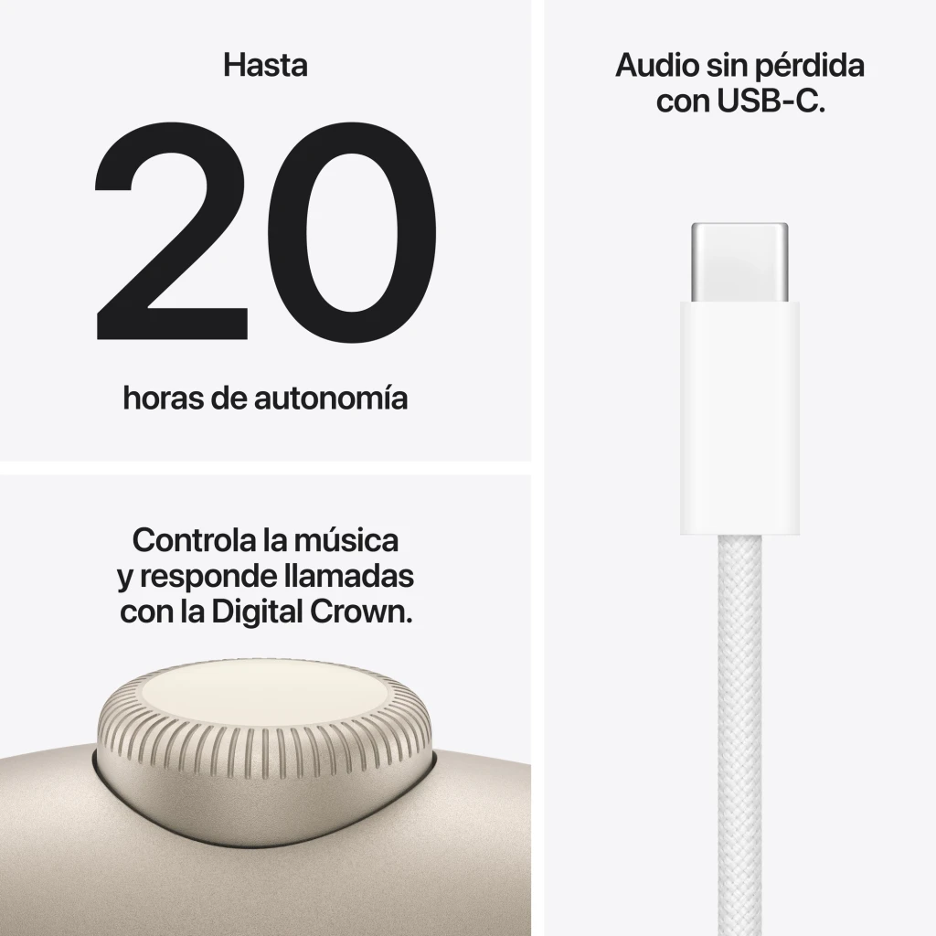 Auscultadores Apple AirPods Max 2 Cancelamento de Ruído Diadema Bluetooth 5.3 Luz Estelar Estelar, detalhe: Digital Crown
