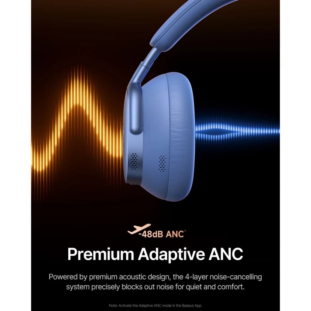 Auriculares Baseus Inspire XH1 Diadema Bluetooth 6.1 100h Azul, lateral: almohadilla y ANC -48dB con ondas sonoras