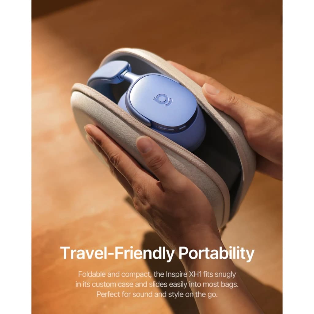 Auriculares Baseus Inspire XH1 Diadema Bluetooth 6.1 100h Azul, funda: manos sosteniendo el estuche de transporte