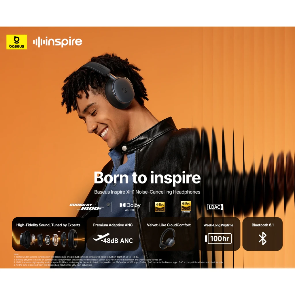 Casque Baseus Inspire XH1 Wireless Supra-auriculaire Bluetooth 6.1 100h Noir, lifestyle: personne souriante avec casque