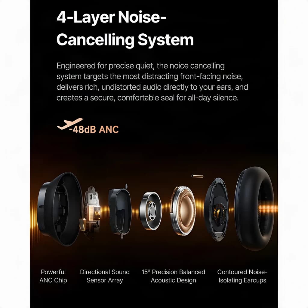 Casque Baseus Inspire XH1 Wireless Supra-auriculaire Bluetooth 6.1 100h Noir, infographie: système ANC 4 couches vue éclatée