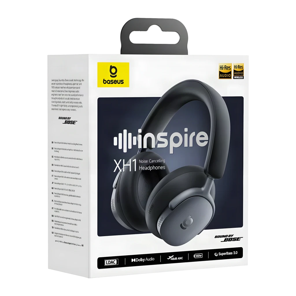 Casque Baseus Inspire XH1 Wireless Supra-auriculaire Bluetooth 6.1 100h Noir, boîte: packaging avant avec casque noir