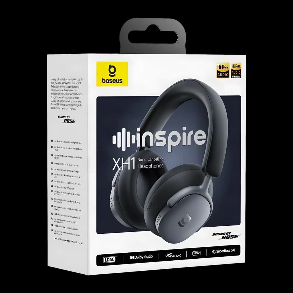 Casque Baseus Inspire XH1 Wireless Supra-auriculaire Bluetooth 6.1 100h Noir, boîte: packaging avant avec casque noir