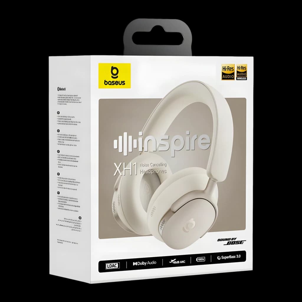 Auriculares Baseus Inspire XH1 Cancelación de Ruido Diadema Bluetooth 6.1 Blanco, caja: packaging frontal con auriculares
