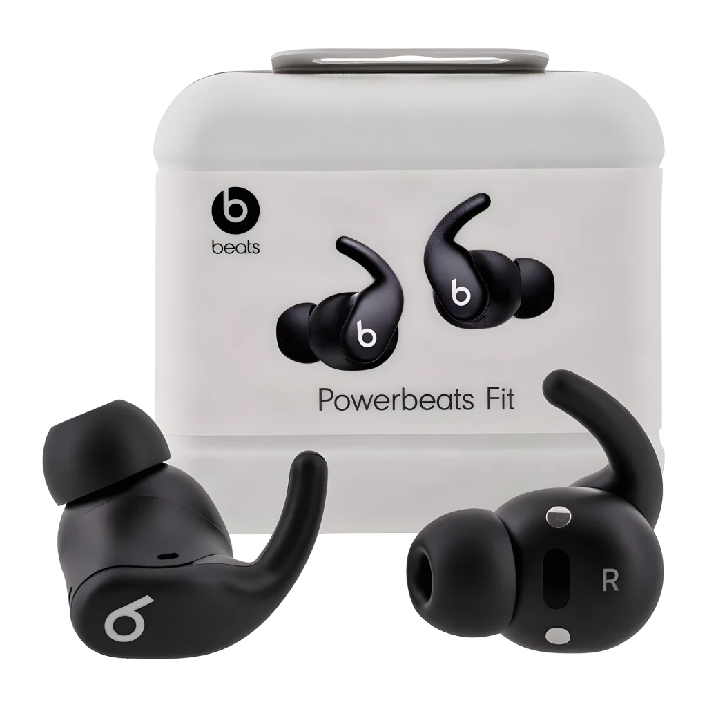 Auriculares Beats Audio Powerbeats Fit Cancelación de Ruido In-Ear Negro Azabache, vista frontal: auriculares y caja