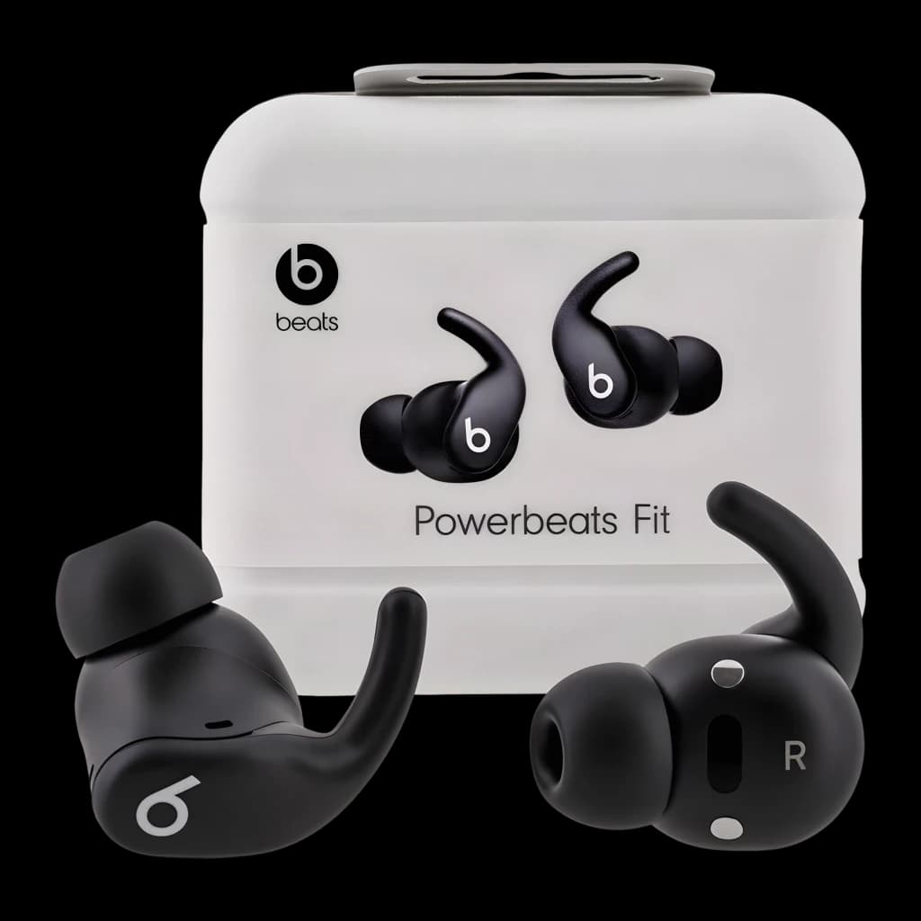Auriculares Beats Audio Powerbeats Fit Cancelación de Ruido In-Ear Negro Azabache, vista frontal: auriculares y caja