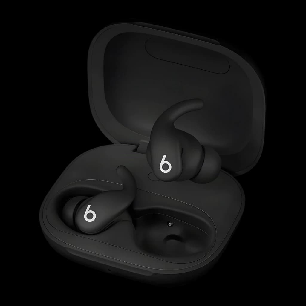 Auriculares Beats Audio Powerbeats Fit Cancelación de Ruido In-Ear Negro Azabache, vista superior: estuche abierto con ambos