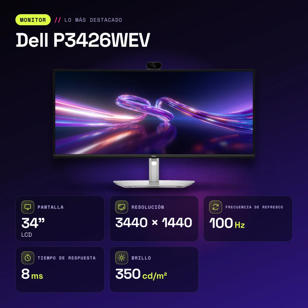 Monitor Dell 34 pulgadas 100Hz Curvo 3800R WQHD 3440x1440 IPS Negro/Plata P3426WEV - características