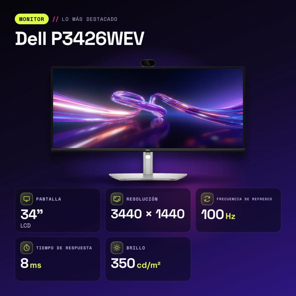 Monitor Dell 34 pulgadas 100Hz Curvo 3800R WQHD 3440x1440 IPS Negro/Plata P3426WEV - características
