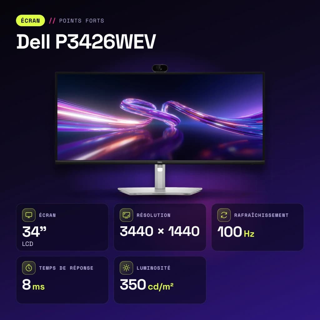 Monitor Dell 34 pulgadas 100Hz Curvo 3800R WQHD 3440x1440 IPS Negro/Plata P3426WEV - características