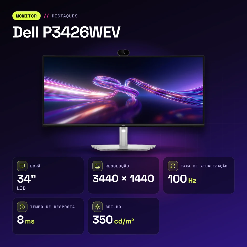 Monitor Dell 34 pulgadas 100Hz Curvo 3800R WQHD 3440x1440 IPS Negro/Plata P3426WEV - características