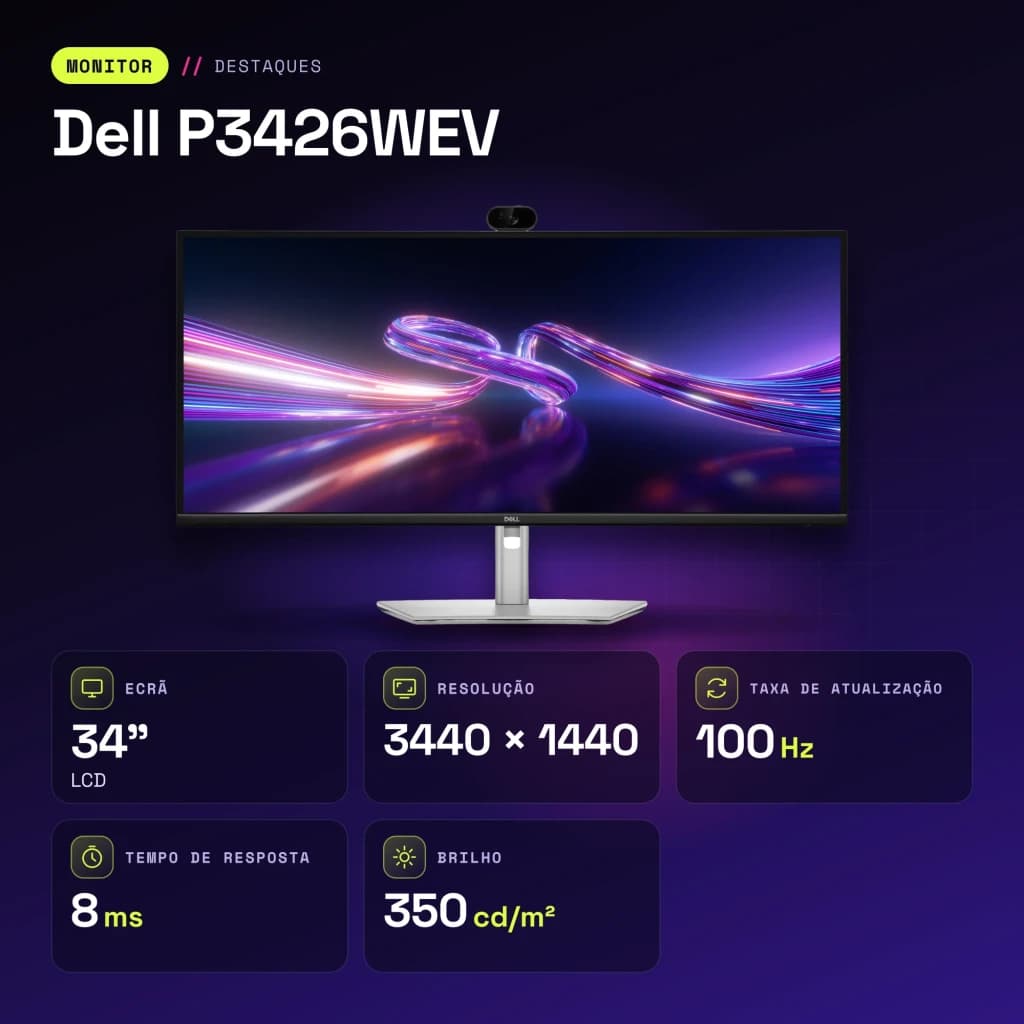 Monitor Dell 34 pulgadas 100Hz Curvo 3800R WQHD 3440x1440 IPS Negro/Plata P3426WEV - características