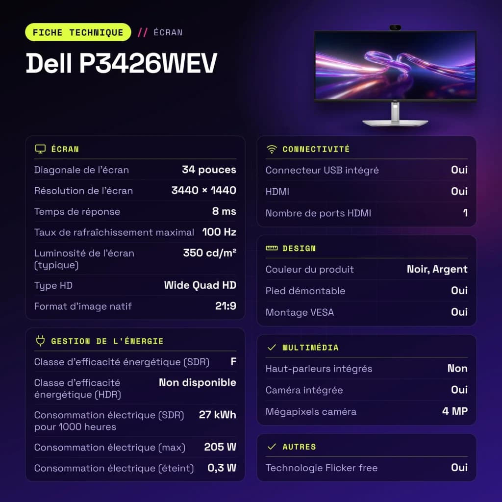 Monitor Dell 34 pulgadas 100Hz Curvo 3800R WQHD 3440x1440 IPS Negro/Plata P3426WEV - características