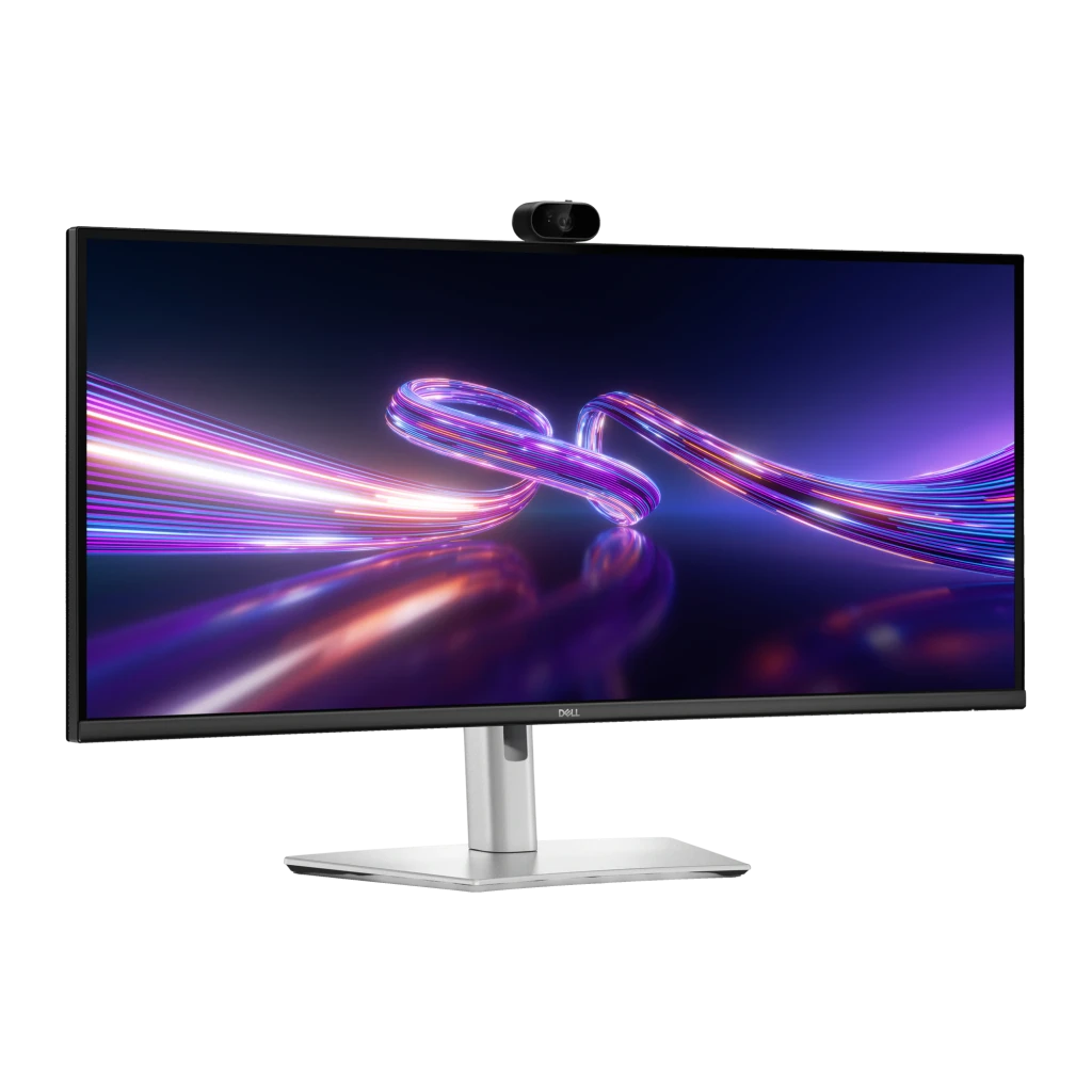 Dell Monitor P3426WEV 34" Negro, vista lateral: pantalla ultrawide curva con webcam integrada en bisel superior y base